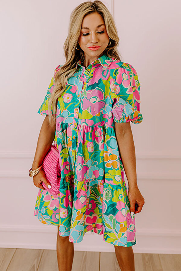 Green Floral Puff Sleeve Collar Buttoned Babydoll Dress - Image 6
