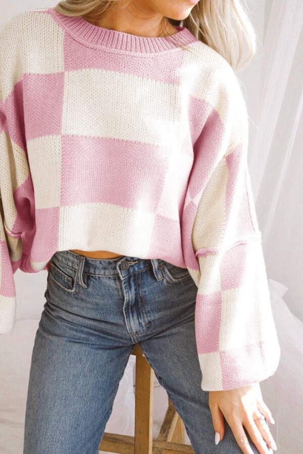 Khaki Checkered Bishop Sleeve Sweater - Image 4