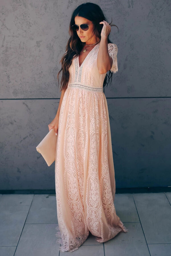 Burgundy Deep V Neck Short Sleeve Lace Maxi Dress - Image 14
