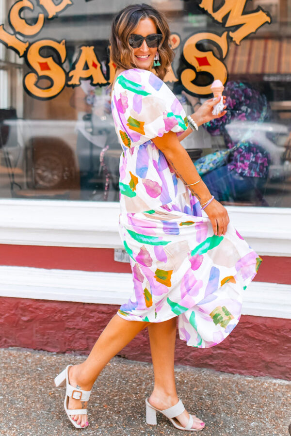 Purple Abstract Print Puff Sleeve Smocked Back Midi Dress - Image 2