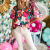 Rose Red Floral Print Puff Sleeve Notched V Neck Blouse - Image 4