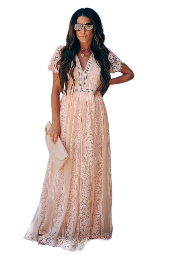 Burgundy Deep V Neck Short Sleeve Lace Maxi Dress - Image 25