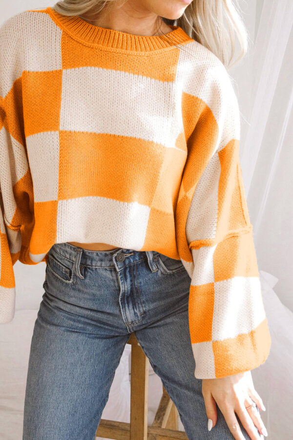 Khaki Checkered Bishop Sleeve Sweater - Image 9