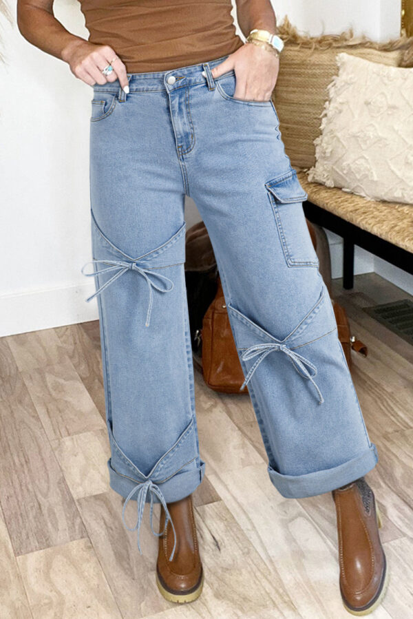 Beau Blue Bowknot Decor Boyfriend Cargo Jeans - Image 2