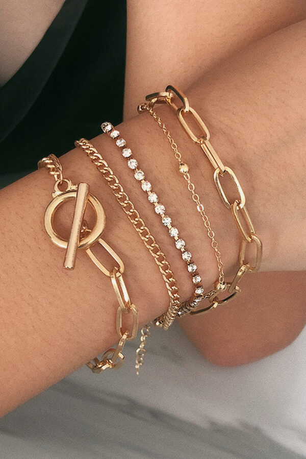 Gold Multi Layered Rhinestone Chain Bracelet Set - Image 4