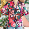 Rose Red Floral Print Puff Sleeve Notched V Neck Blouse - Image 12