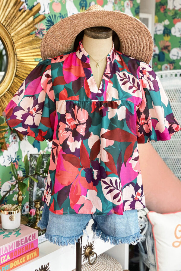 Rose Red Floral Print Puff Sleeve Notched V Neck Blouse - Image 12