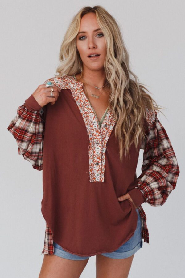 Red Floral Plaid Mixed Print Bishop Sleeve Patchwork Top - Image 8
