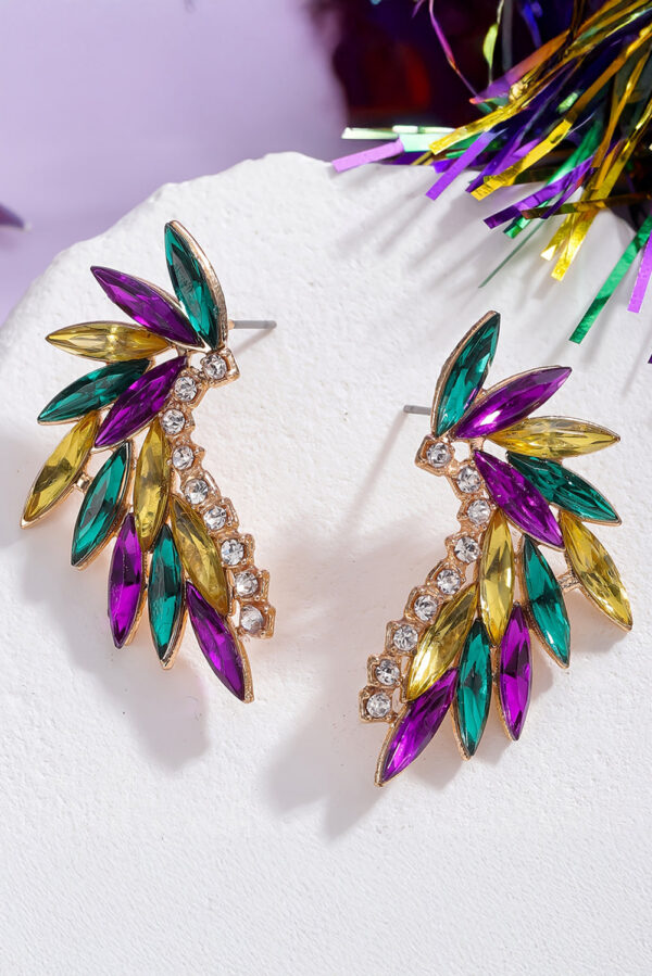 Gold Mardi Gras Rhinestone Crystal Inlay Stud Earrings - Image 3