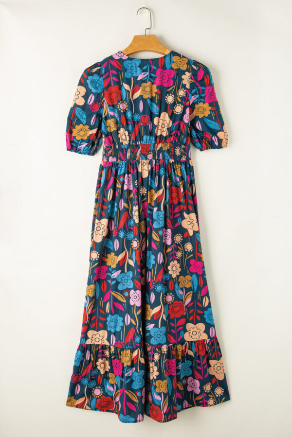 Green Retro Floral Printed Split Neck Maxi Dress - Image 8