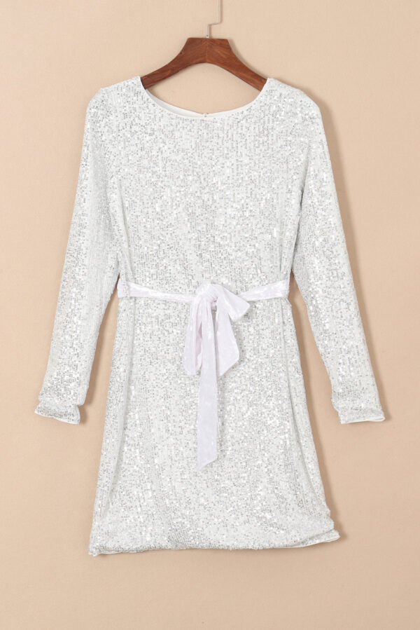 Silvery Sequin Long Sleeve Tie Waist Mini Dress - Image 6