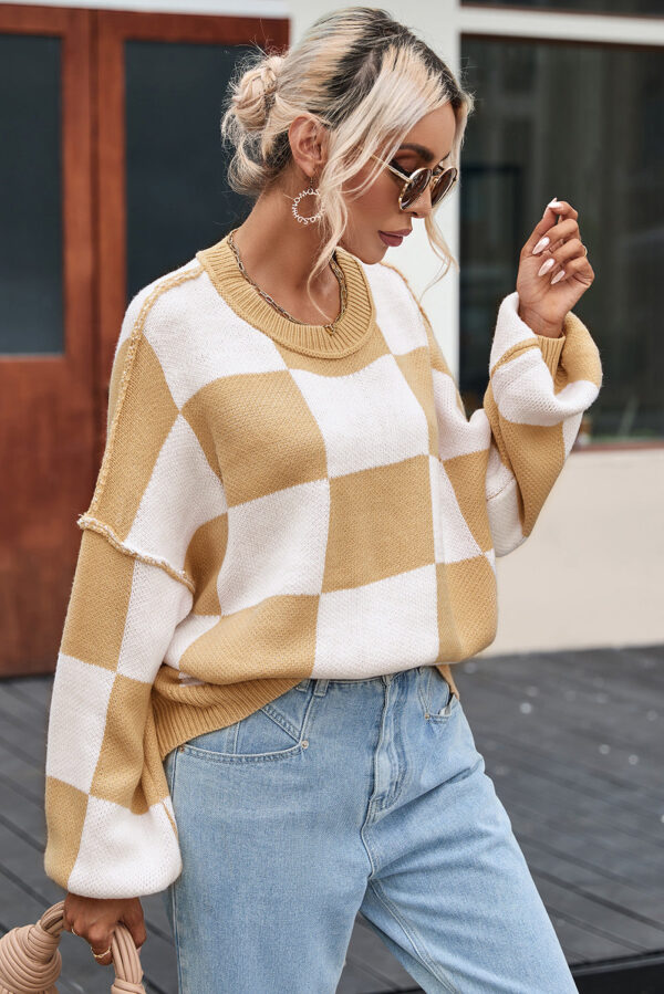 Khaki Checkered Bishop Sleeve Sweater - Image 14