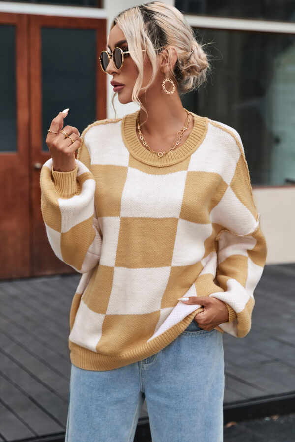 Khaki Checkered Bishop Sleeve Sweater - Image 15