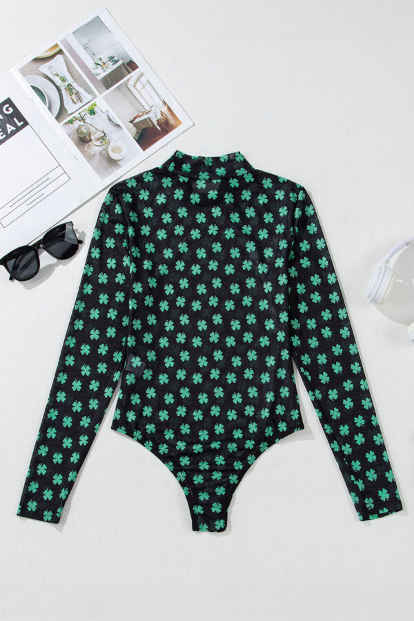 Green St Patrick Shamrock Printed Long Sleeve Mesh Bodysuit - Image 9