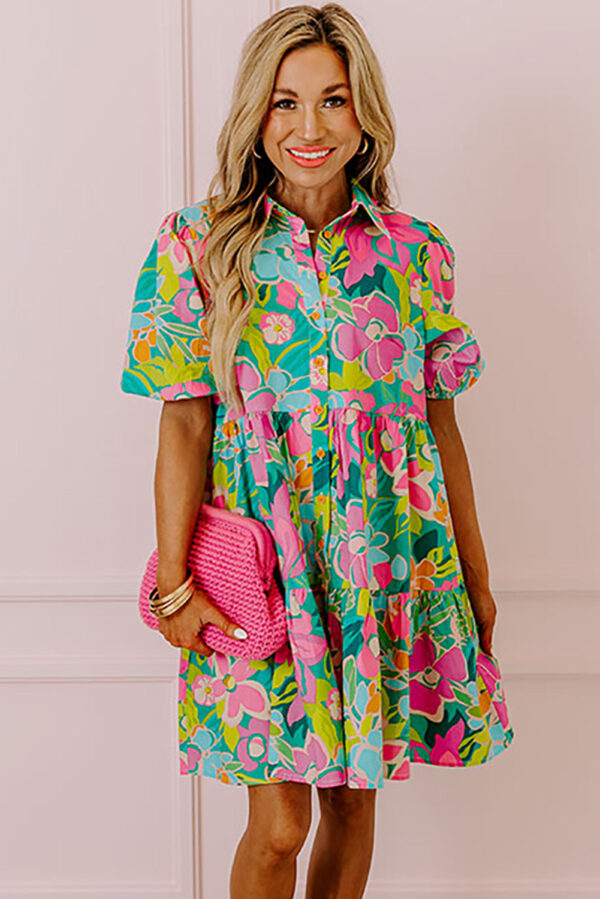 Green Floral Puff Sleeve Collar Buttoned Babydoll Dress - Image 4