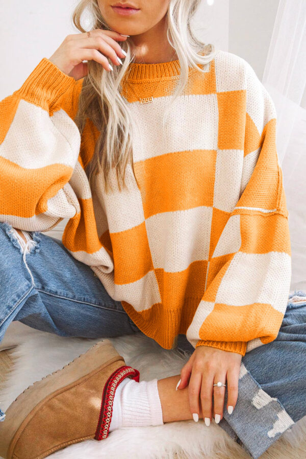 Khaki Checkered Bishop Sleeve Sweater - Image 6