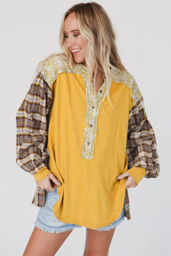 Red Floral Plaid Mixed Print Bishop Sleeve Patchwork Top - Image 27