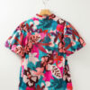 Rose Red Floral Print Puff Sleeve Notched V Neck Blouse - Image 6