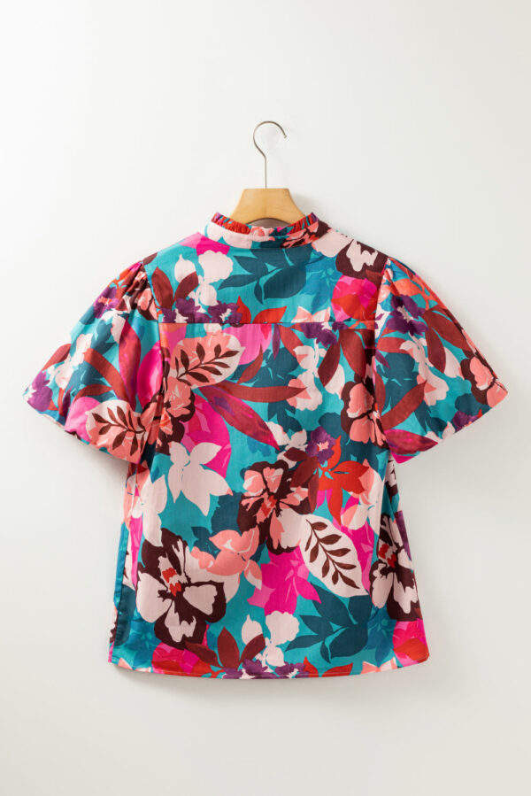 Rose Red Floral Print Puff Sleeve Notched V Neck Blouse - Image 6