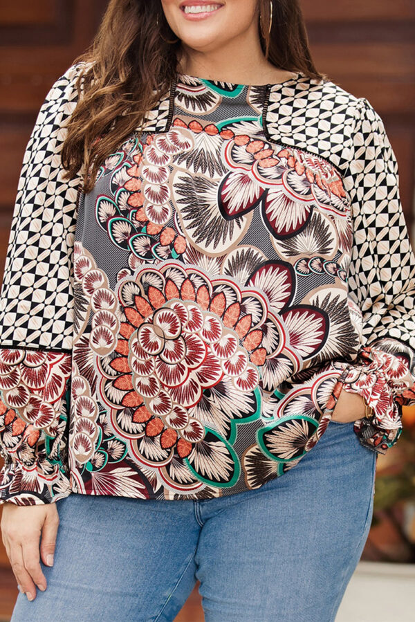 Black Black Mixed Floral Geometric Print Ruffled Long Sleeve Blouse - Image 26