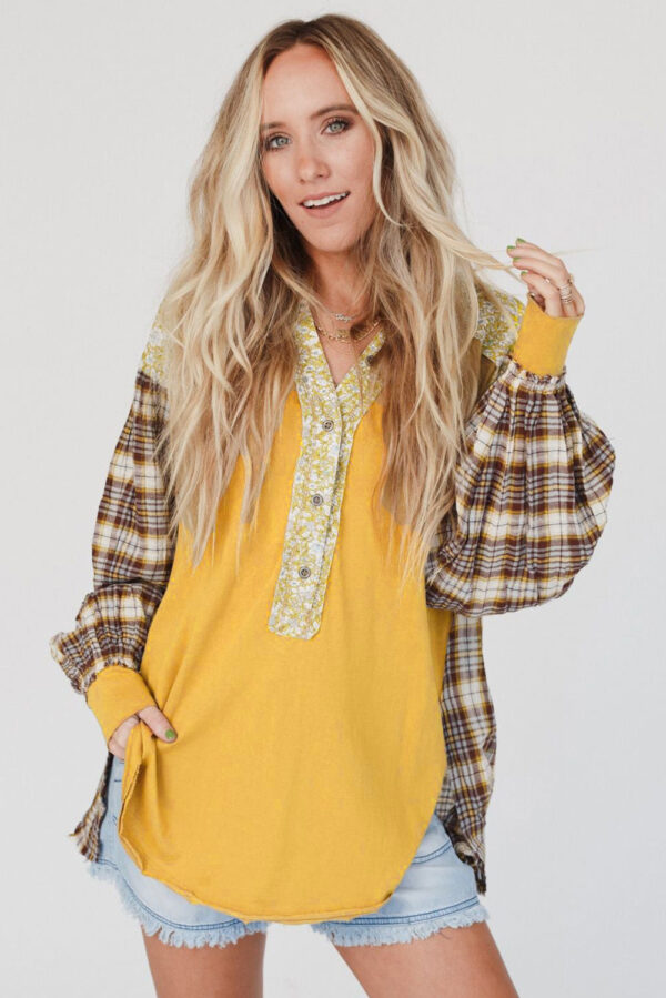 Red Floral Plaid Mixed Print Bishop Sleeve Patchwork Top - Image 28