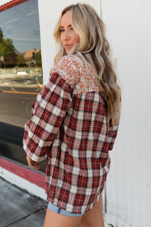 Red Floral Plaid Mixed Print Bishop Sleeve Patchwork Top - Image 3
