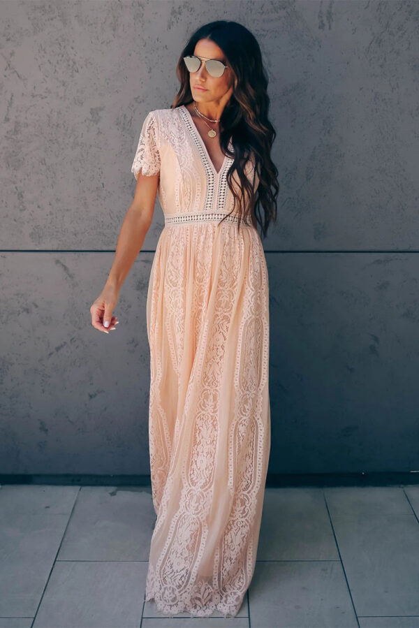 Burgundy Deep V Neck Short Sleeve Lace Maxi Dress - Image 21