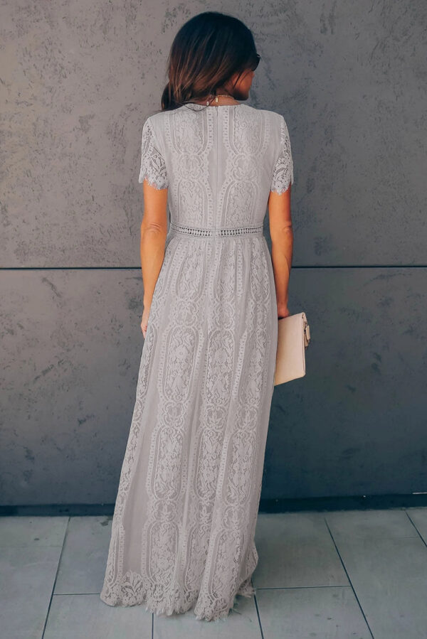 Burgundy Deep V Neck Short Sleeve Lace Maxi Dress - Image 9