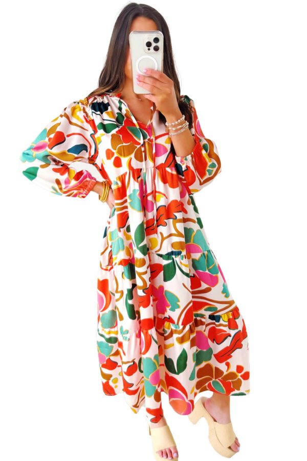 Orange Floral Print Split V Neck Tiered Maxi Dress - Image 4