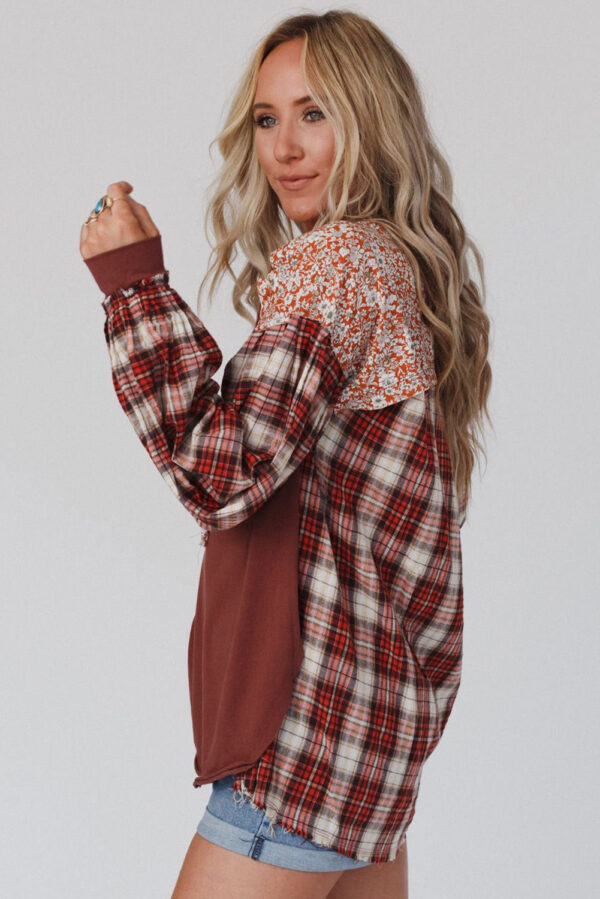 Red Floral Plaid Mixed Print Bishop Sleeve Patchwork Top - Image 13