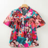 Rose Red Floral Print Puff Sleeve Notched V Neck Blouse - Image 5