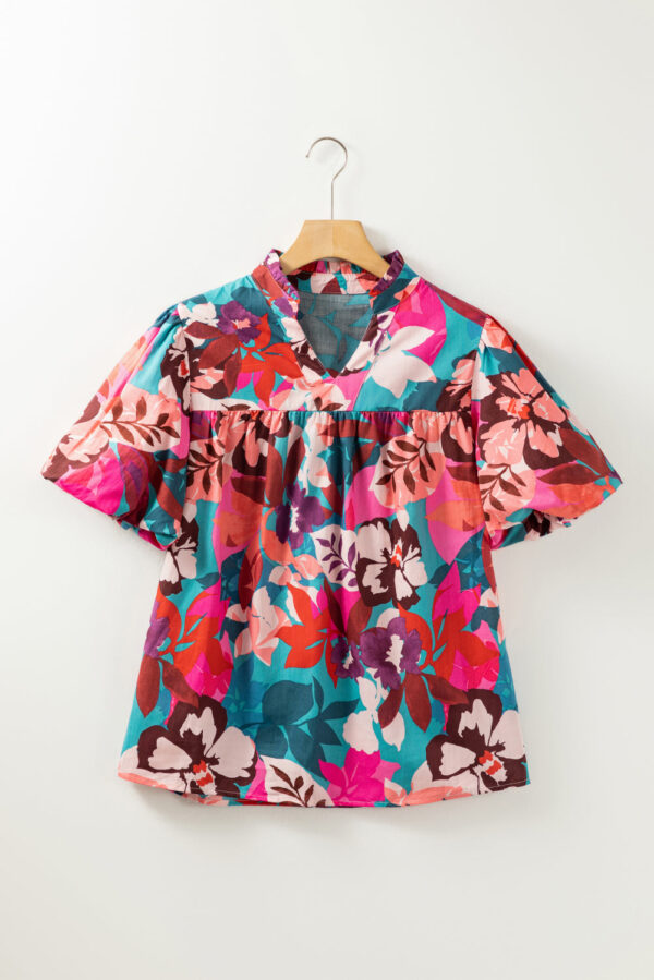 Rose Red Floral Print Puff Sleeve Notched V Neck Blouse - Image 5