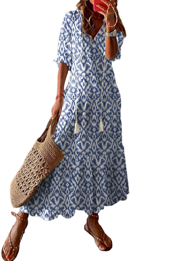 V Neck Casual Geometric Print Maxi Dress - Image 10