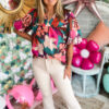 Rose Red Floral Print Puff Sleeve Notched V Neck Blouse - Image 3