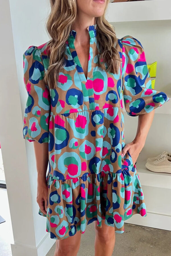 Green Leopard Print Bubble Sleeve Slit Neck Ruffled Dress - Image 11