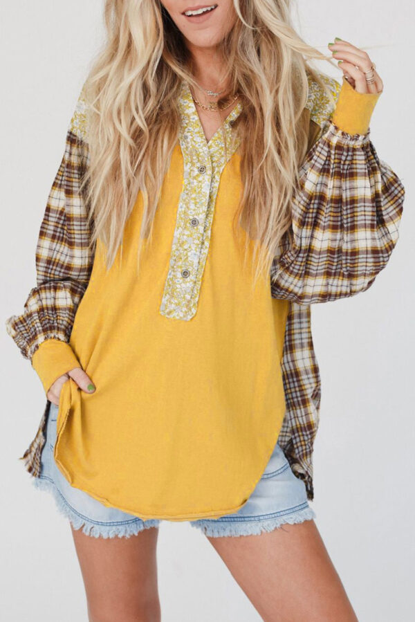 Red Floral Plaid Mixed Print Bishop Sleeve Patchwork Top - Image 23
