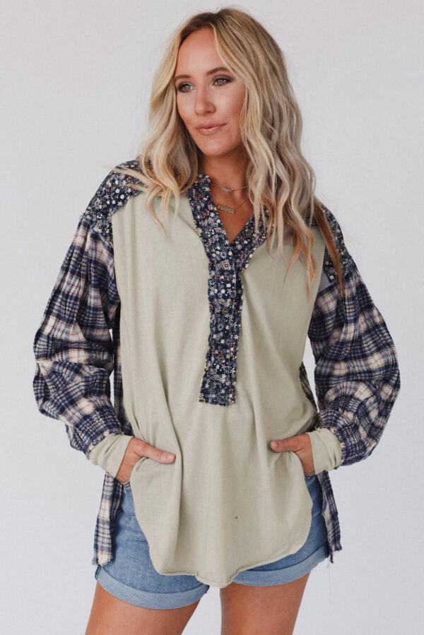 Red Floral Plaid Mixed Print Bishop Sleeve Patchwork Top - Image 22