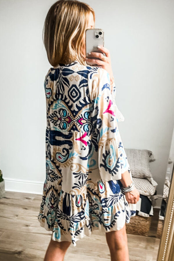 White Printed Tribal Print Bracelet Sleeve Buttoned Mini Dress - Image 2