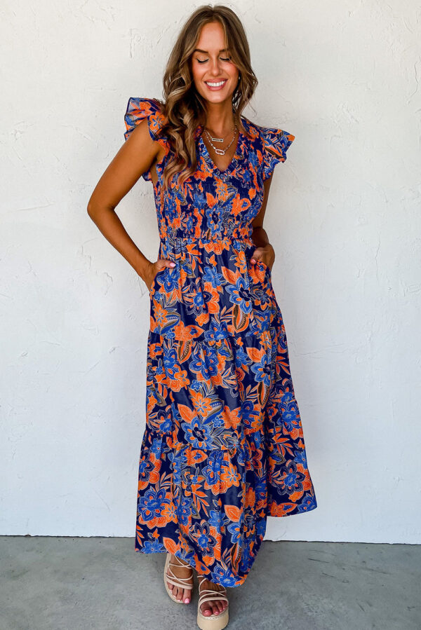 Dark Blue Boho Floral V Neck Ruffle Tiered Long Dress - Image 4