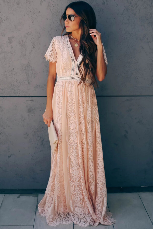 Burgundy Deep V Neck Short Sleeve Lace Maxi Dress - Image 16