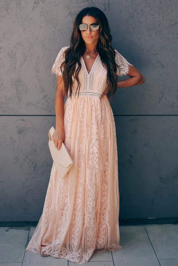 Burgundy Deep V Neck Short Sleeve Lace Maxi Dress - Image 23