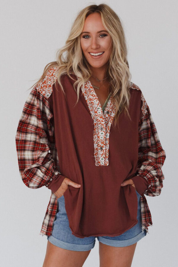 Red Floral Plaid Mixed Print Bishop Sleeve Patchwork Top - Image 7