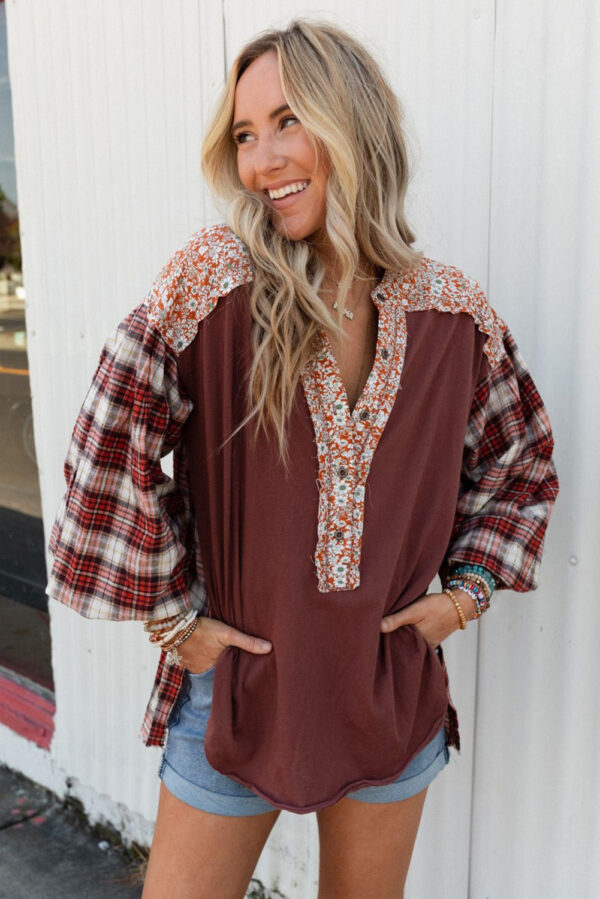 Red Floral Plaid Mixed Print Bishop Sleeve Patchwork Top - Image 12