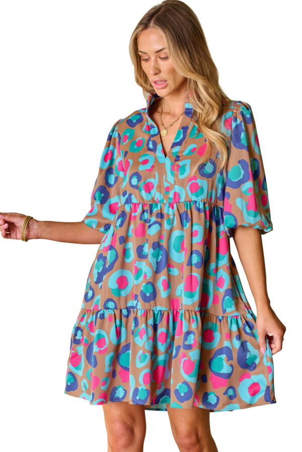 Green Leopard Print Bubble Sleeve Slit Neck Ruffled Dress - Image 13