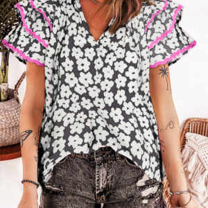 Black Floral Contrast Ric Rac Layered Ruffle Sleeve Blouse