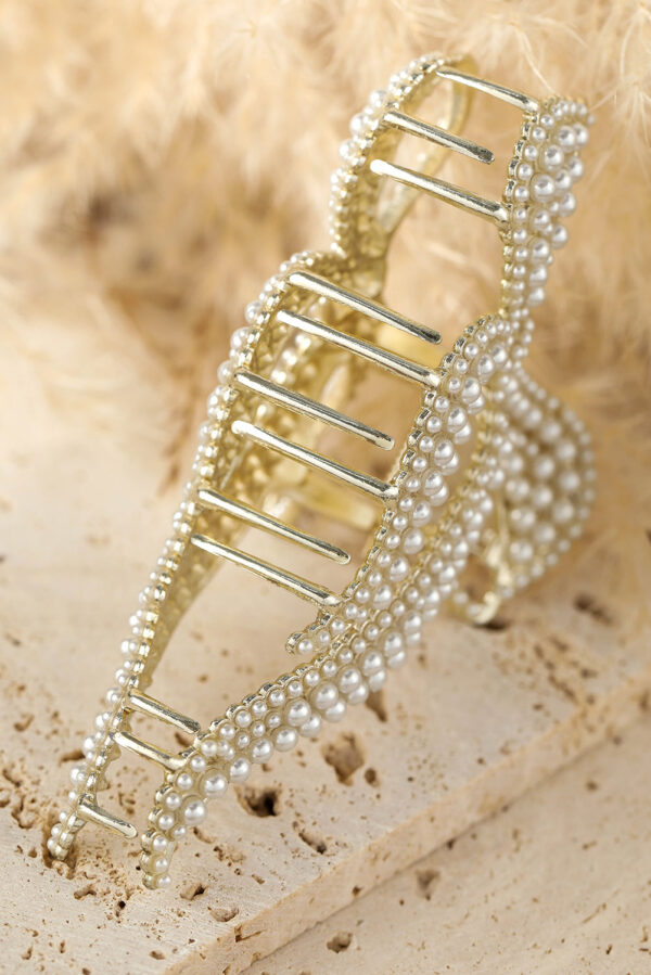 Gold Full Pearl Bow Knot Hair Claw Clip - Image 2
