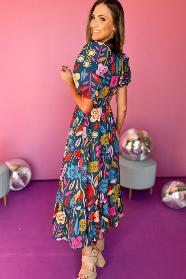 Green Retro Floral Printed Split Neck Maxi Dress - Image 2