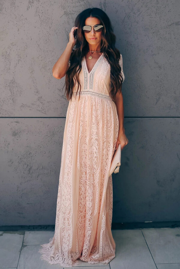 Burgundy Deep V Neck Short Sleeve Lace Maxi Dress - Image 15