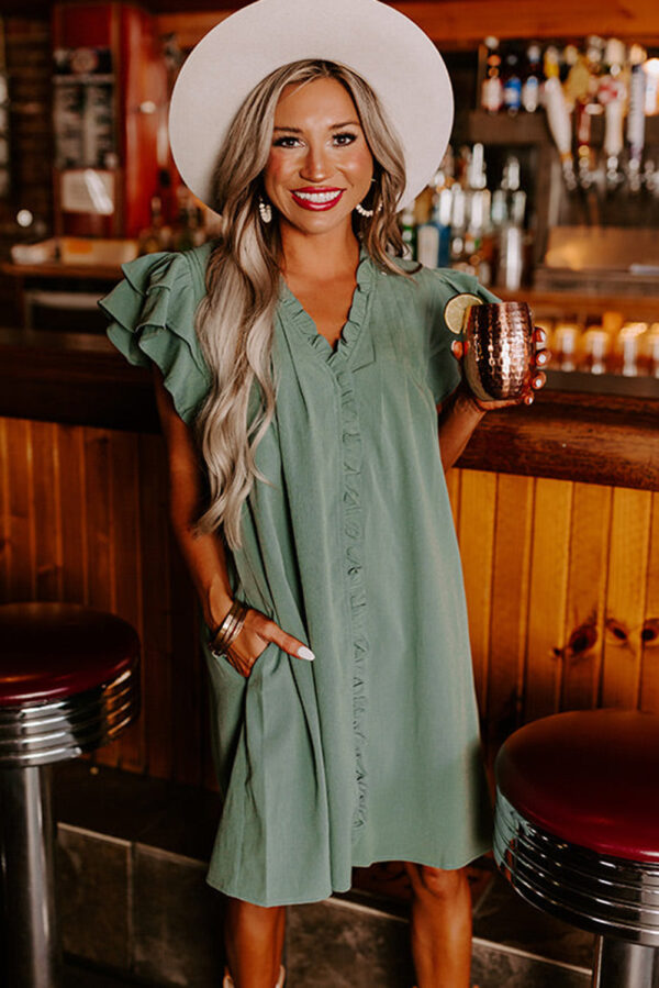Mist Green Ruffle Sleeve V Neck Frilled Shift Dress - Image 5