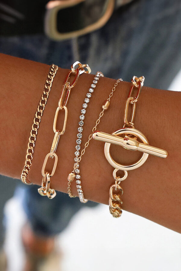 Gold Multi Layered Rhinestone Chain Bracelet Set - Image 3